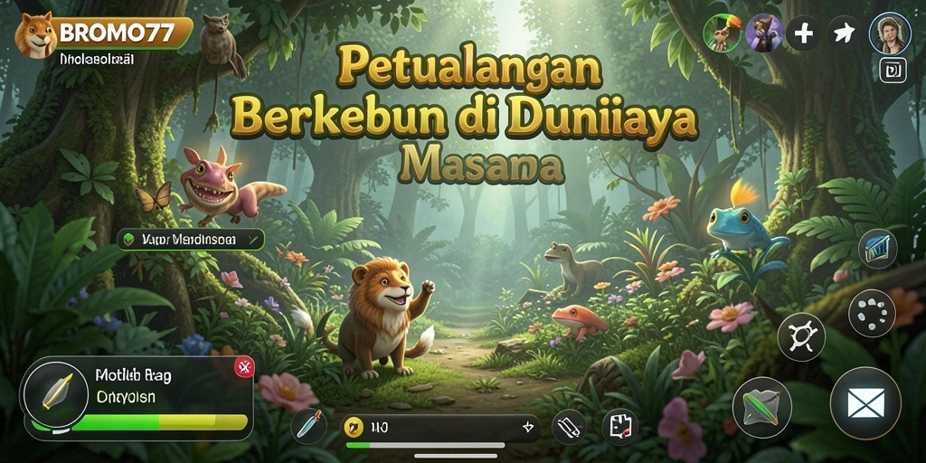 Tampilan gameplay BROMO77 yang seru dengan kebun yang hijau.
