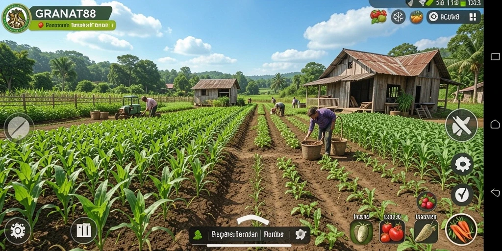 Screenshot gameplay <strong>GRANAT88</strong> menunjukkan aktivitas bertani yang seru dan interaksi sosial.