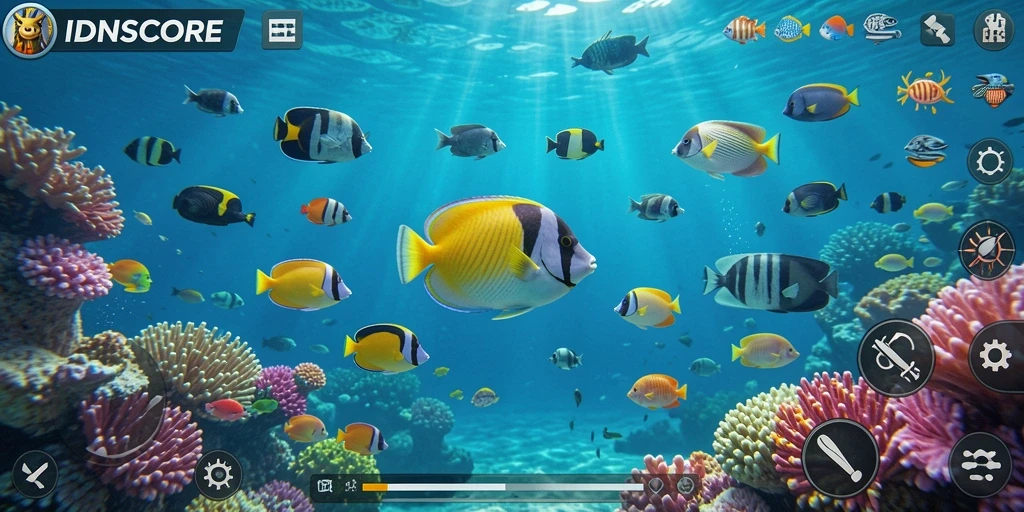 Screenshot utama gameplay Tembak Ikan IDNSCORE yang seru dan penuh aksi.