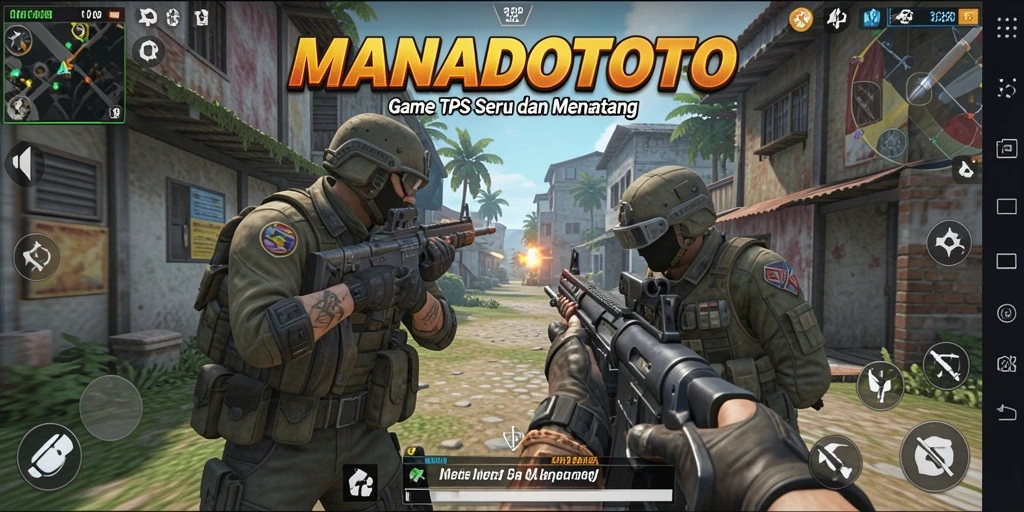 Screenshot utama MANADOTOTO menampilkan aksi gameplay seru di medan tempur.