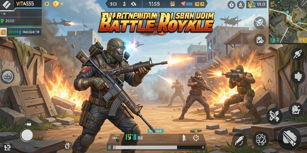 Tampilan gameplay mendebarkan dalam VITA555 saat pemain bertempur.